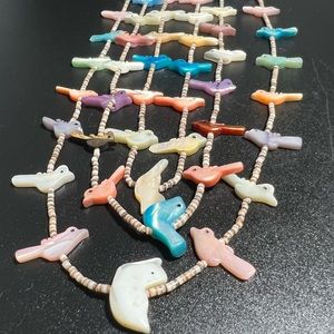 Vtg 3 Strand Native American Fetish Necklace Colorful Shell Birds & Heishi Beads